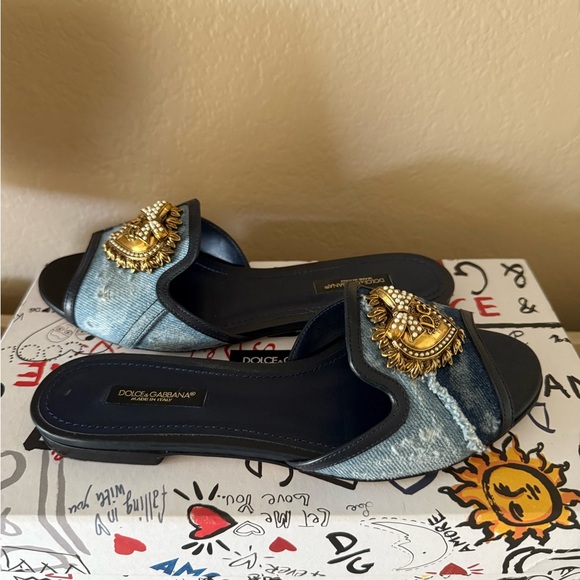 Dolce & Gabbana Denim Slides with Gold Embellishment - Picture 2 of 2